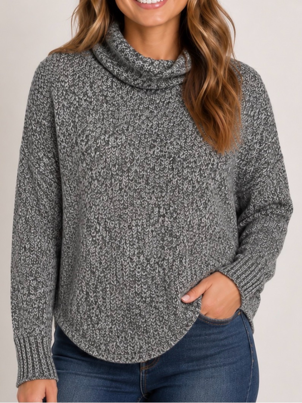 Leo & Nicole Cozy marled Gray Turtleneck Women's Sweater rounded hem SZ MD